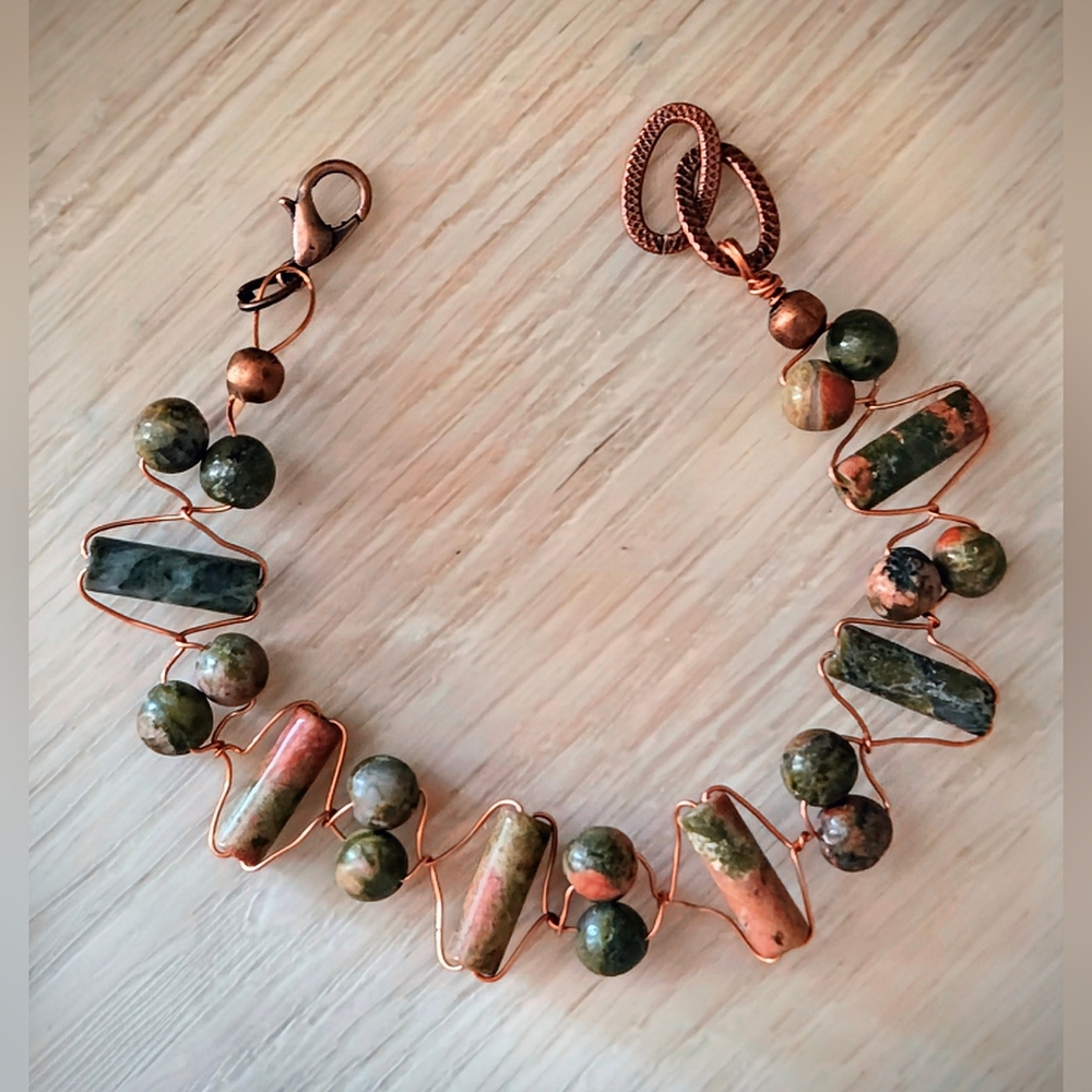 Hand-wired Natural Unakite In Copper Bracelet For The Earth Steward Bohemian